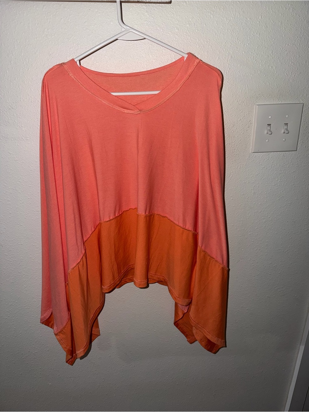 Two-Tone Colorblock Oversized Batwing Dolman sleeve Tunic Top- Coral & Orange